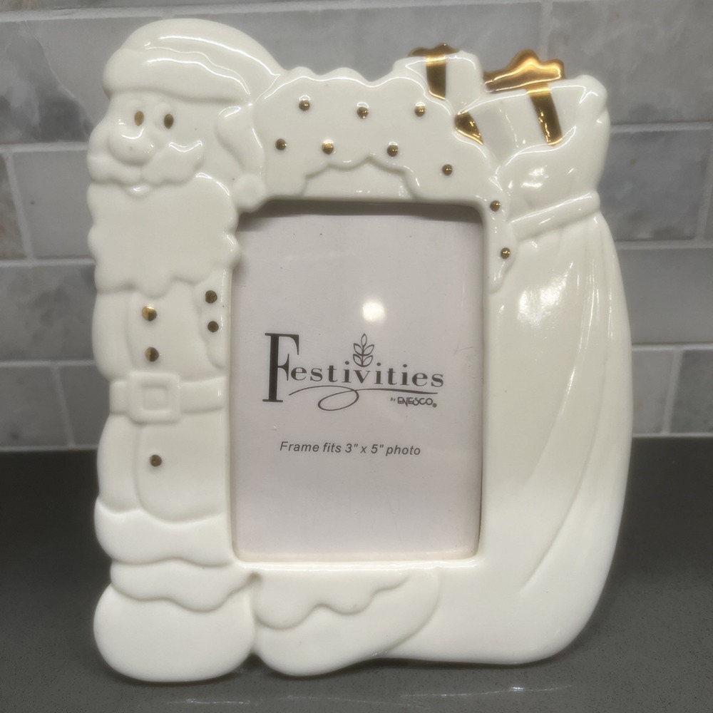 VTG Ivory ceramic Enesco Festivities frame sculpted Santa 3" x 5" photo. 2002
